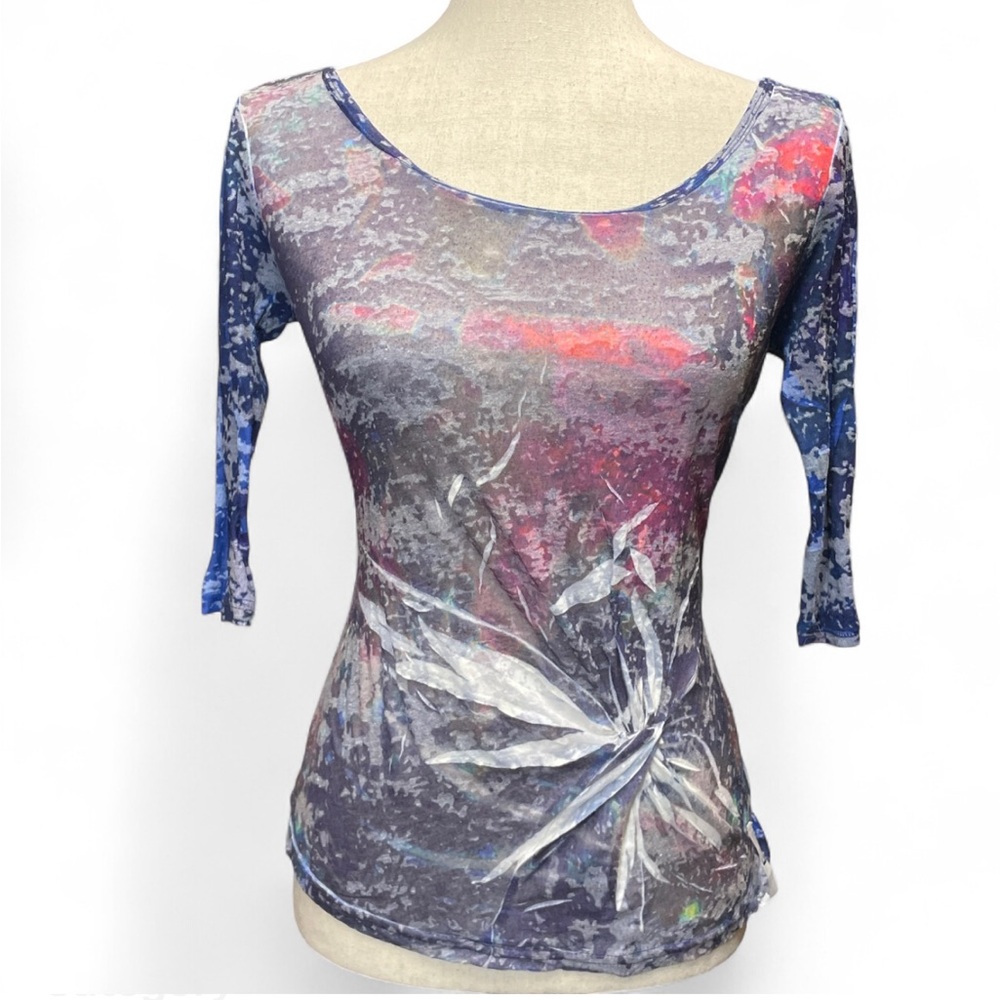 Adolfo Dominguez Mesh Top XS Blue Abstract Graphic Starburst Cyber Y2K